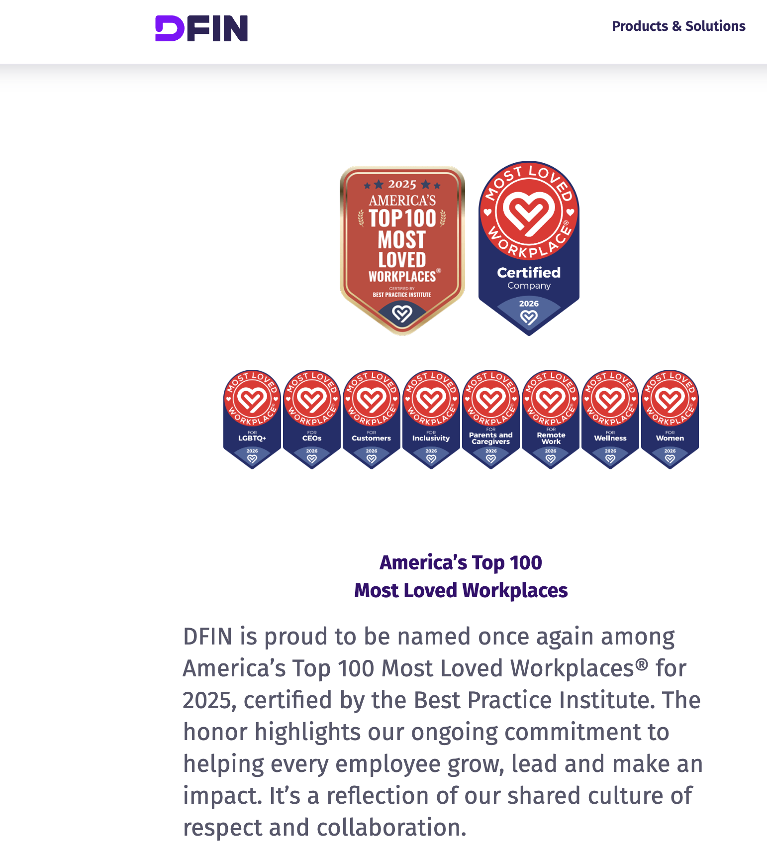 DFIN careers page with Most Loved Workplace® badge alongside employee imagery