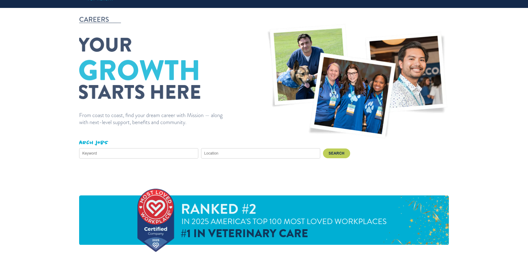 Mission Pet Health careers page with Most Loved Workplace® mark in the recruiting hero